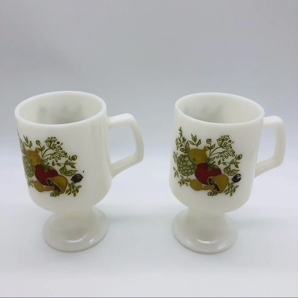 RETRO MUSHROOM PEDESTAL MILK GLASS COFFEE MUGS - SET OF 2